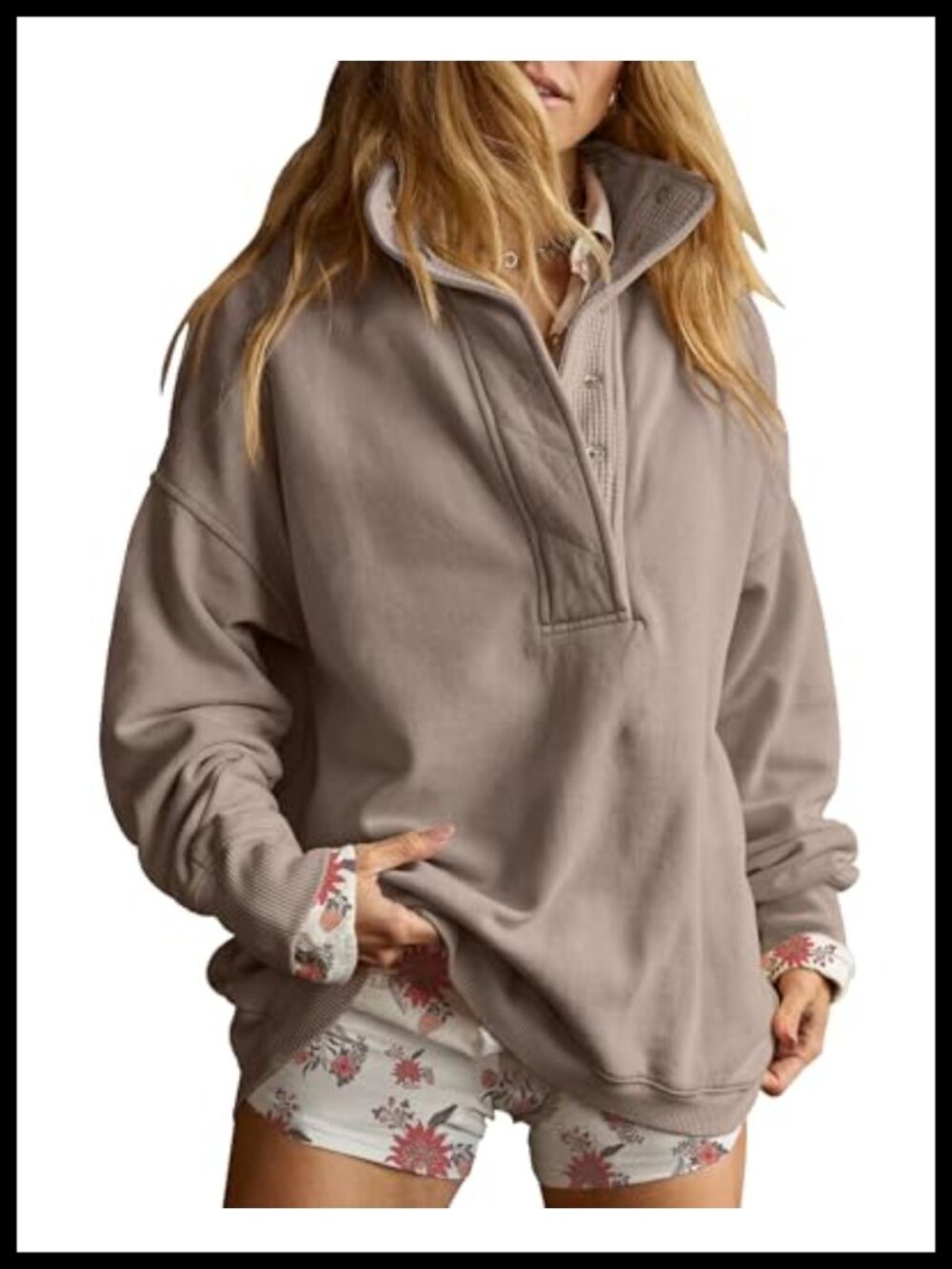 Oversized Henley Neck Sweatshirt Cotton Polyester Pullover Long Sleeve Top